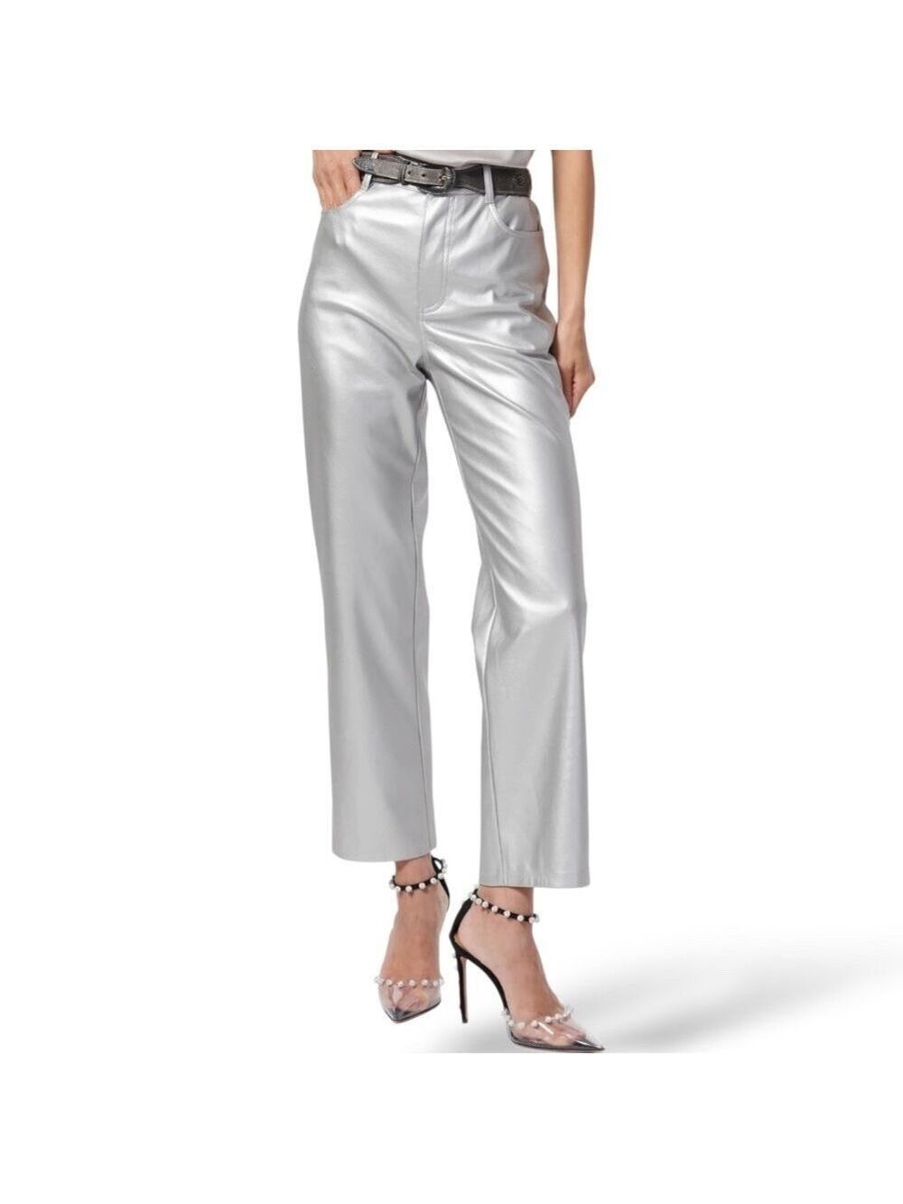 NWT CAMI NYC Hanie Silver Metallic 5 Pocket Jeans Straight Cropped Leg SZ 10